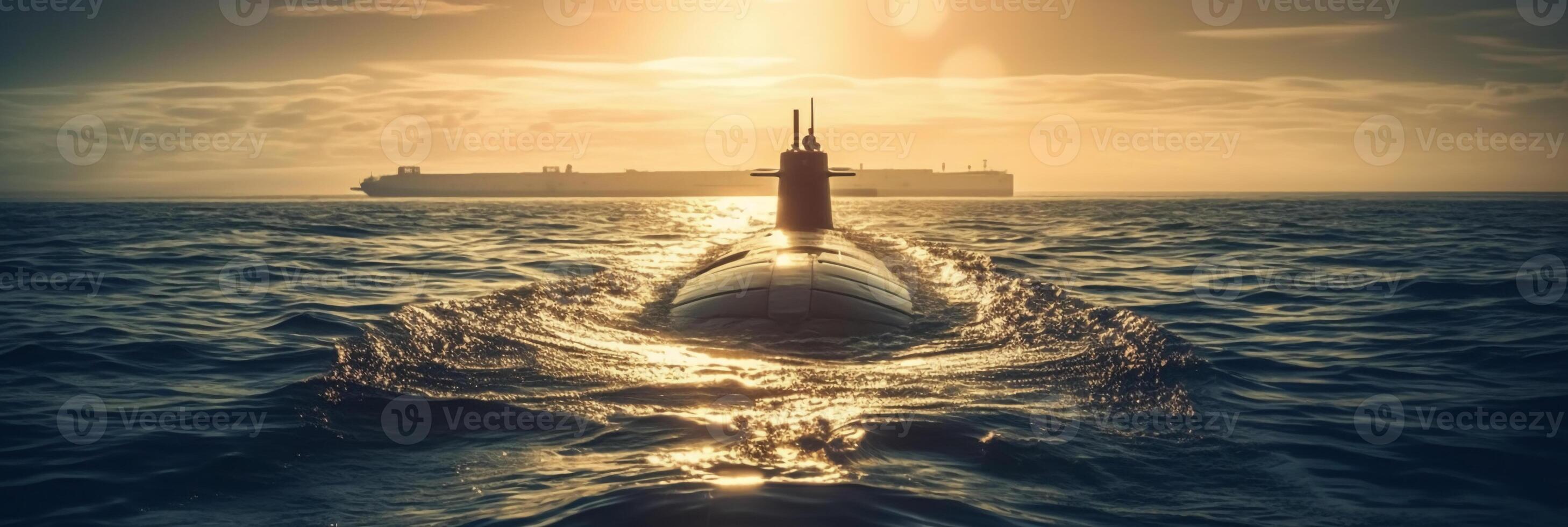 Generic military nuclear submarine floating in the middle of the ocean. photo
