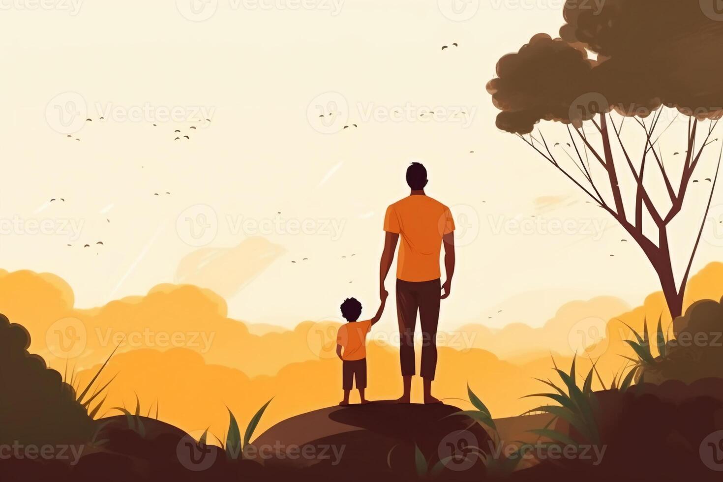 Illustration of father with his little child, tree in the background. Concept of fathers day, fathers love, relationships between father and child. photo