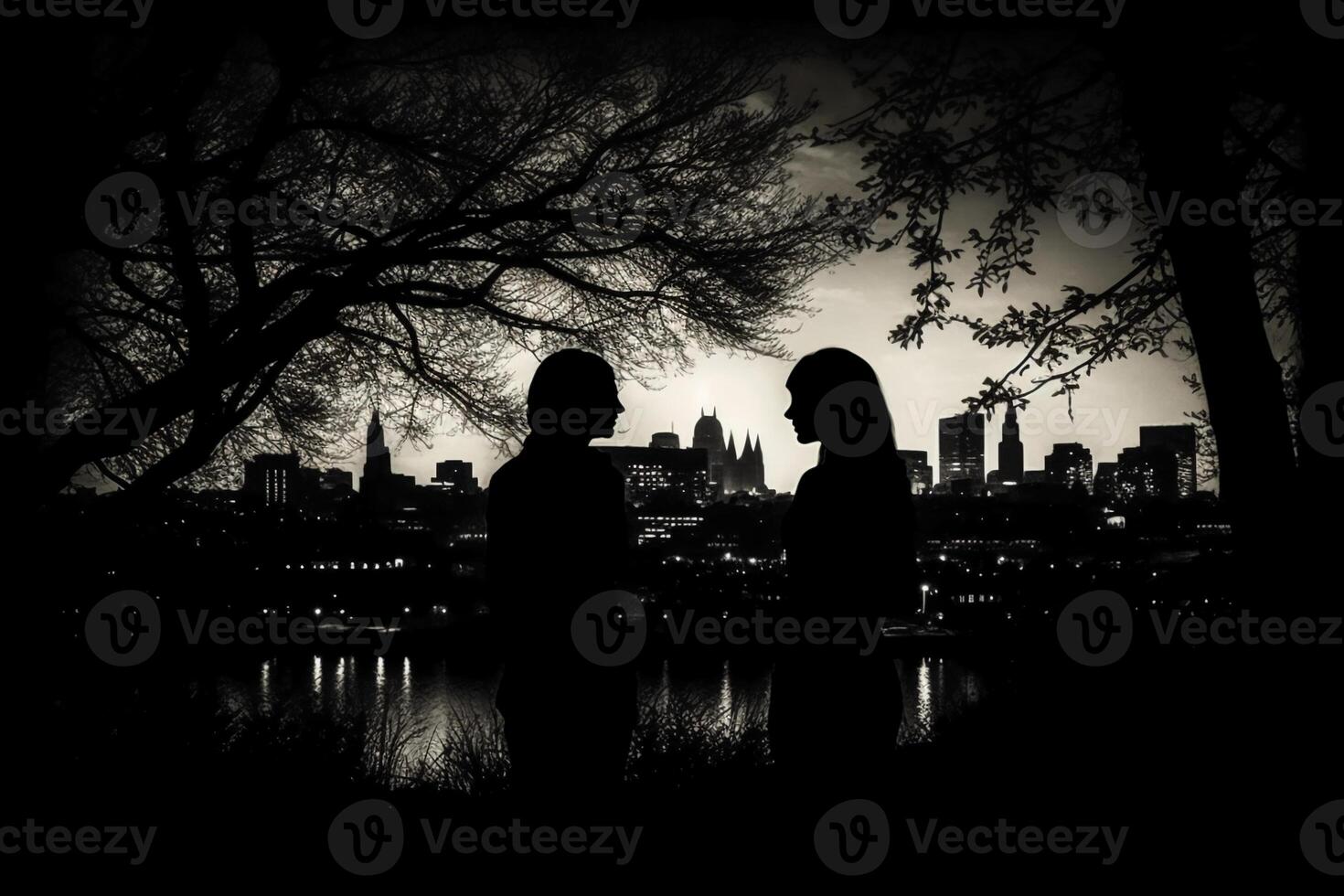 Silhouettes of two stargazing woman saying goodby, surrounded by trees and the contour of london city in the background. photo