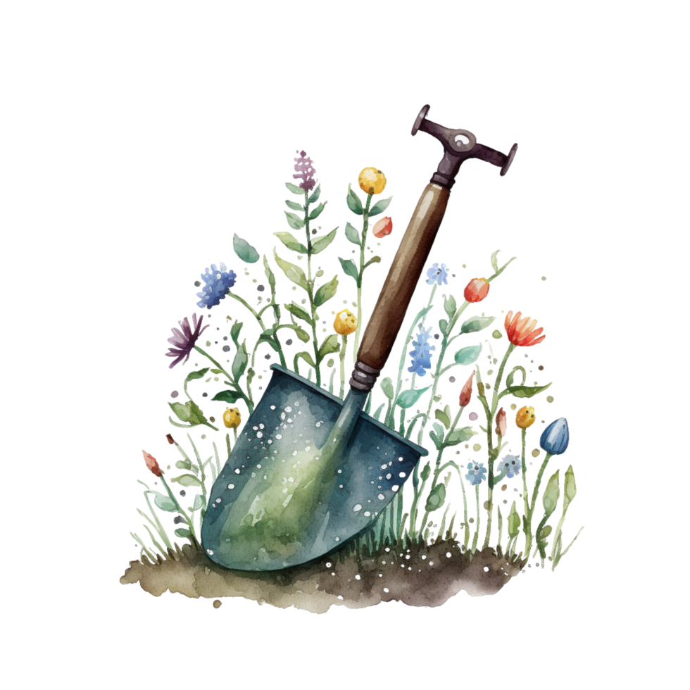 Watercolor Spring collection Hand made watercolor illustration. Potted plants, watering can, apron, shovel, wheelbarrow, dig, gloves, gardening, nippers, scissors. Elements png