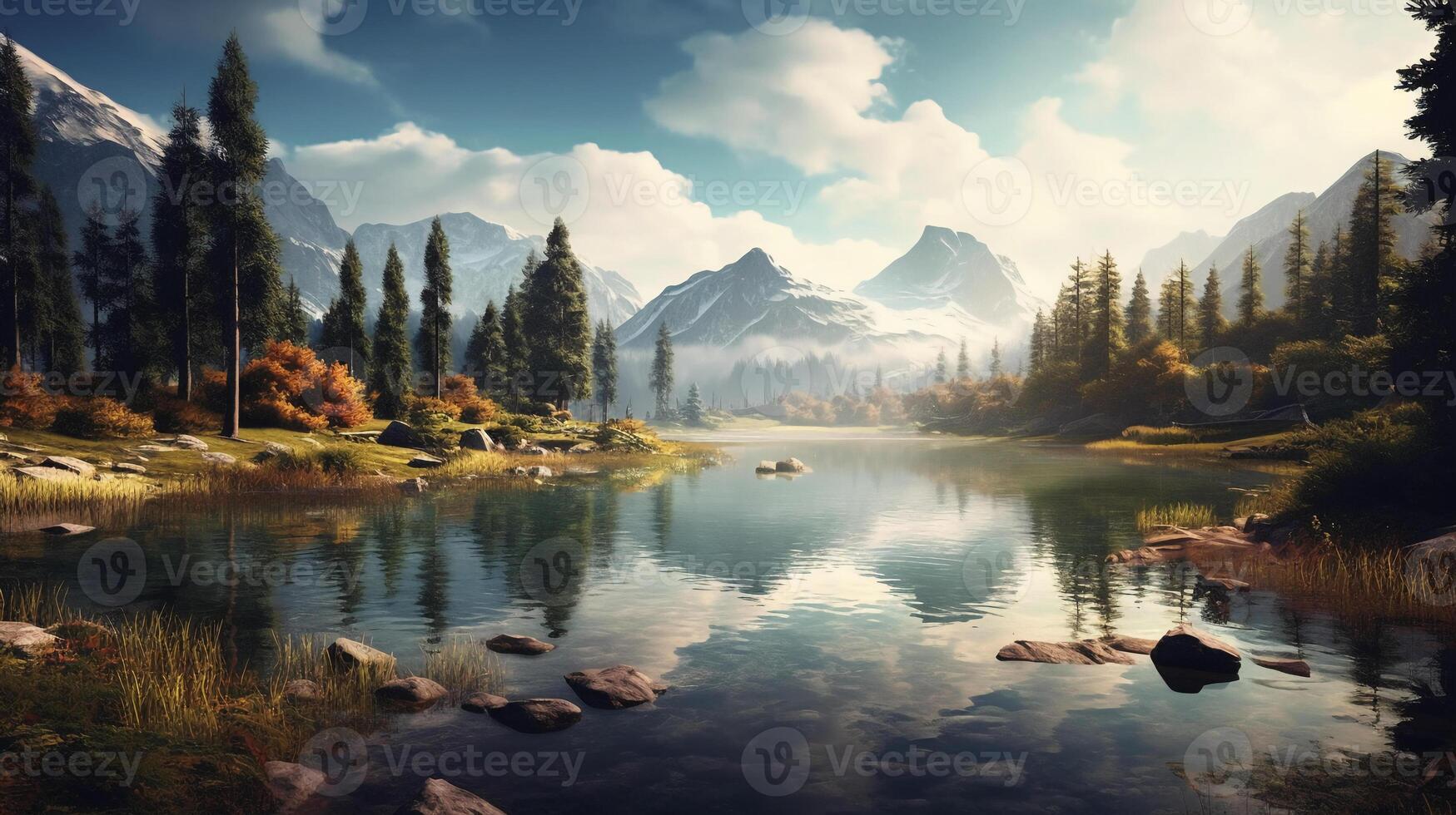 Lake with mountains and trees. photo