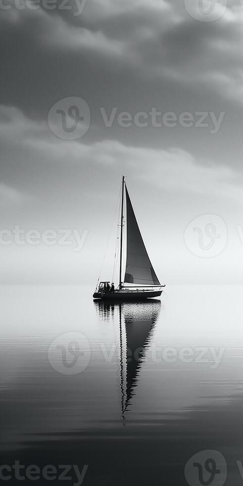 white image of a lone sailboat on a calm sea, photo