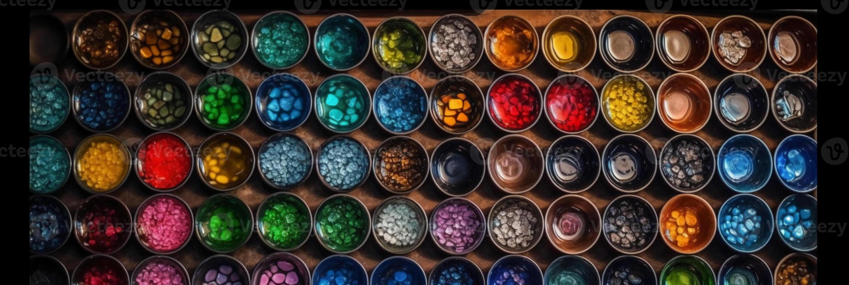 top view, aerial view, bowls of gemstones of the color of the rainbow. photo