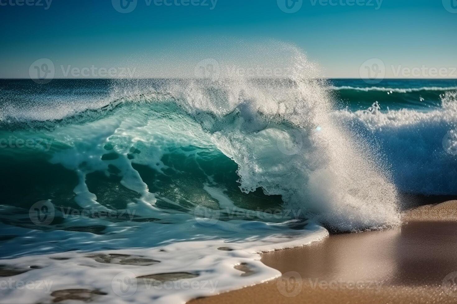 Sunny day, Beauty of marine nature, strength and power of the water element in form of a large turquoise sea wave crashing on shore. photo