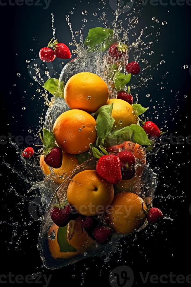 Fresco frutas, chapoteo, vibrante colores. ai generativo foto