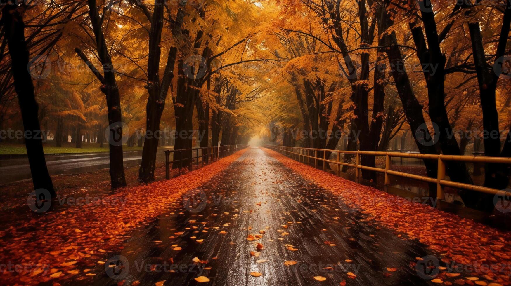 a beautiful long road in autumn season is lined with trees bearing colorful leaves. photo