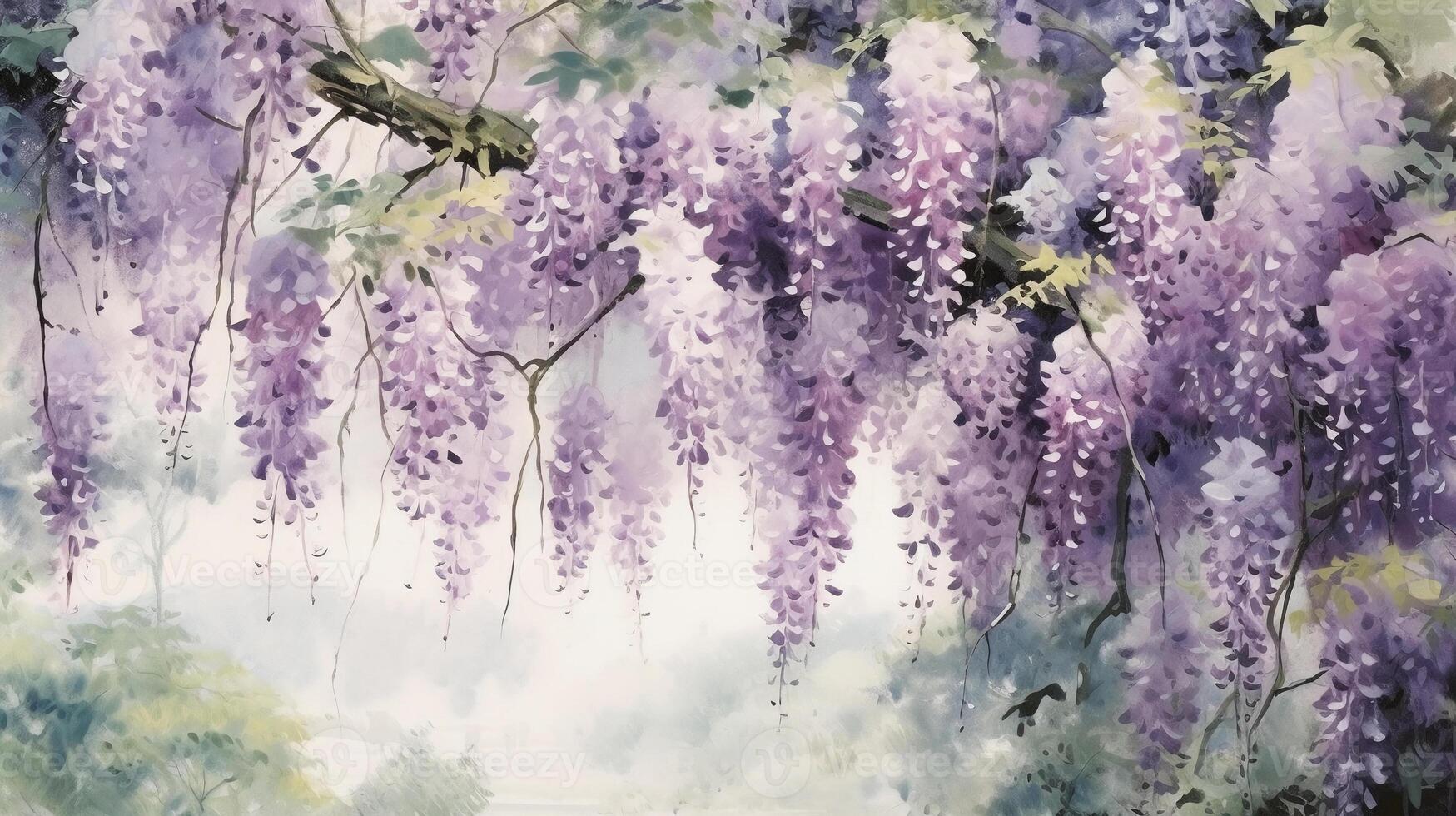 Wisteria garden watercolour, white background. photo