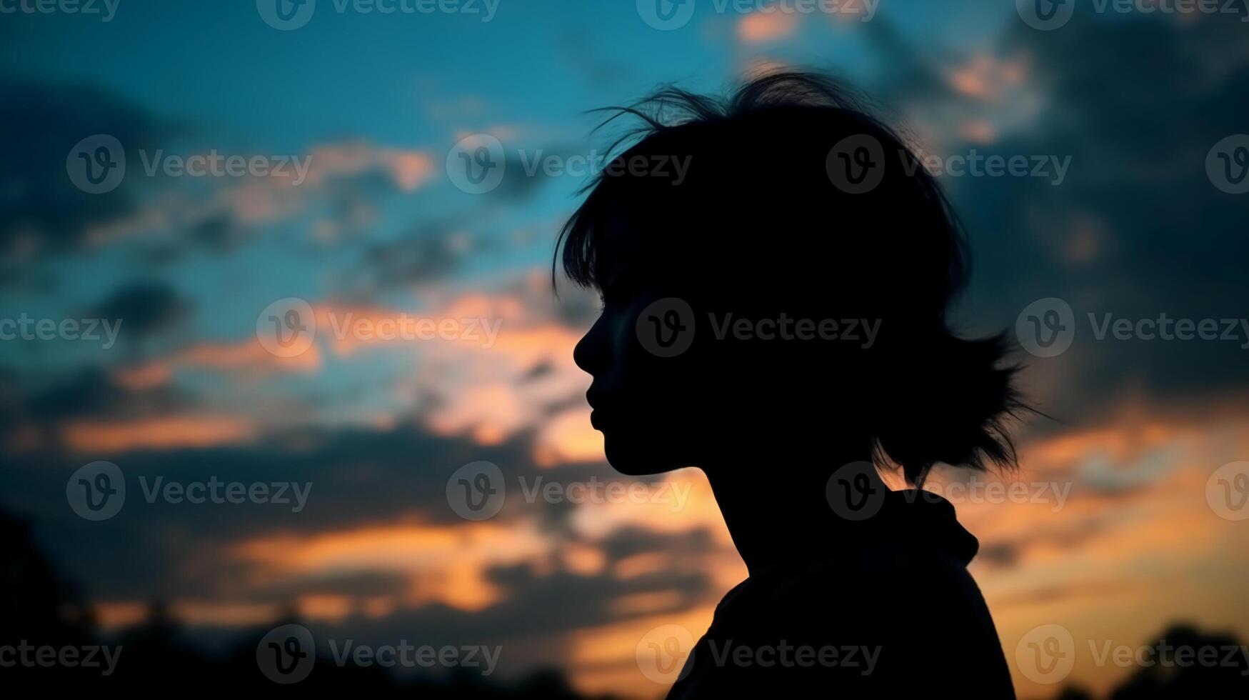 Side view, Silhouette of the face, a person, low angle, blurred fresh dawn sky. photo