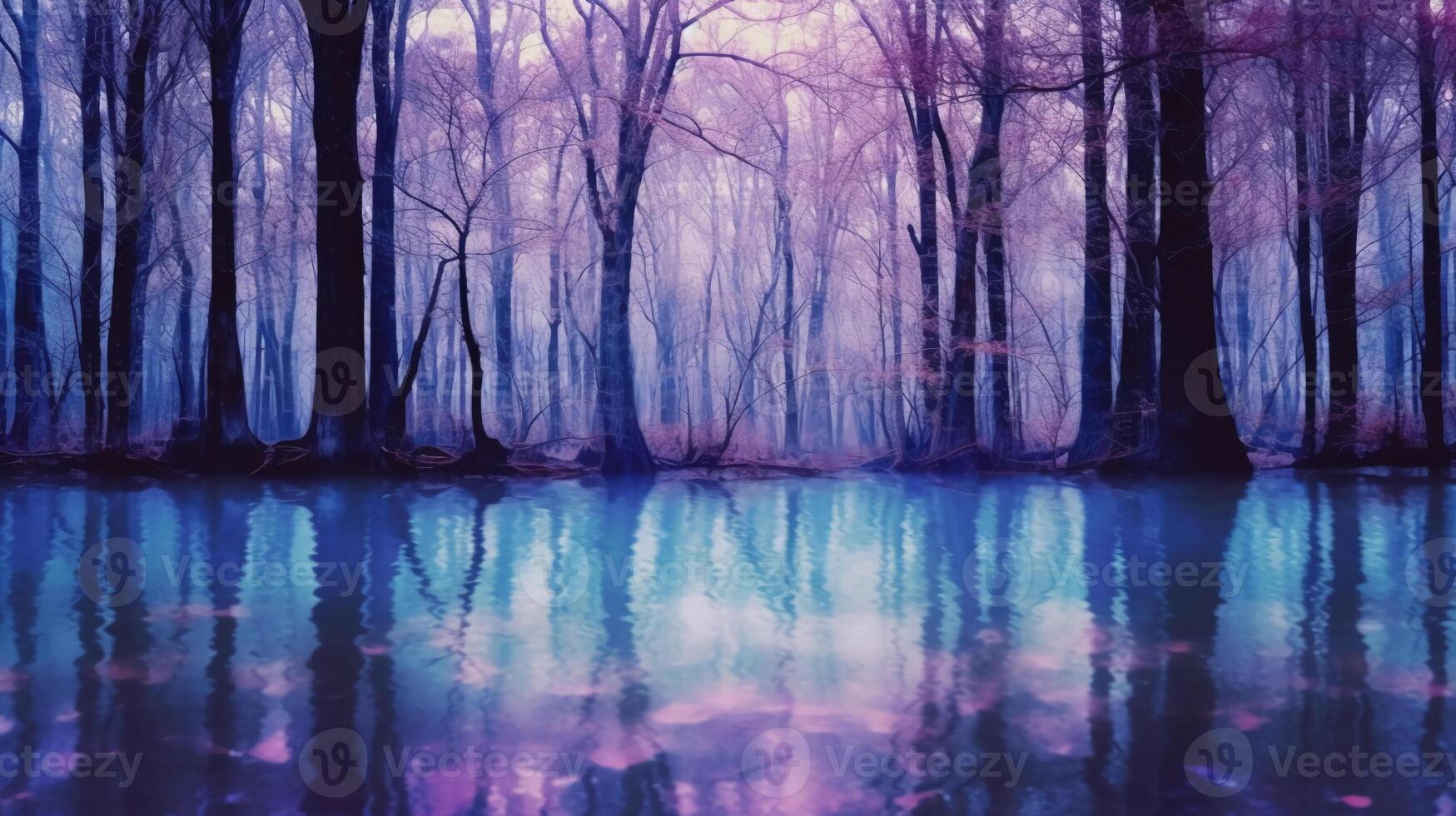 Trees in a forest with water on it, in the style of blur silhouette, with a blue purple tone. photo