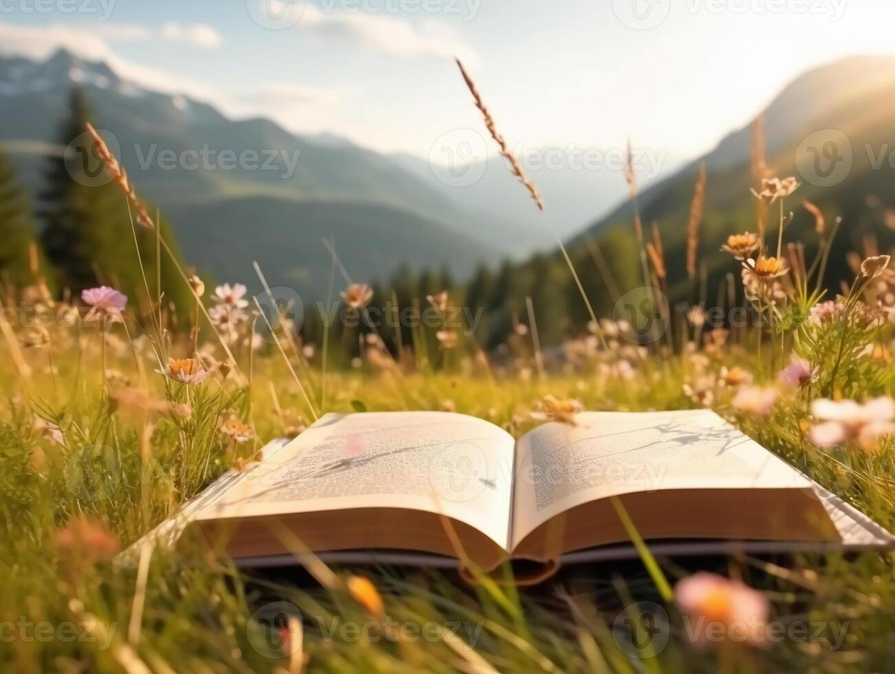 Book on the meadow with mountain at background. photo