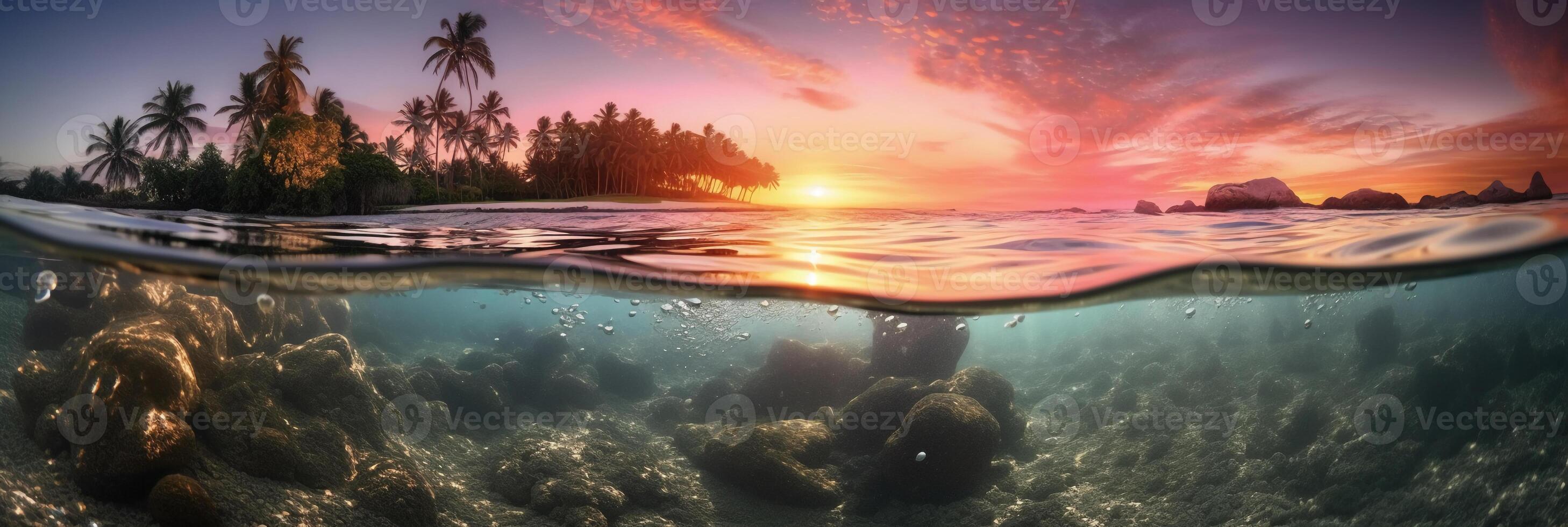 Photograph of beautiful inviting beach scene with pink sunset sky. photo