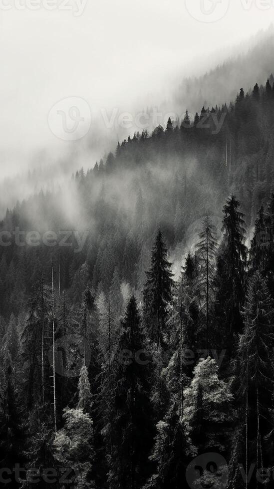 Mountain forest with mist and fog. photo