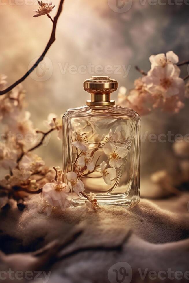 Still life photography, transparent perfume bottle in the center, stones, branches, flowers. photo