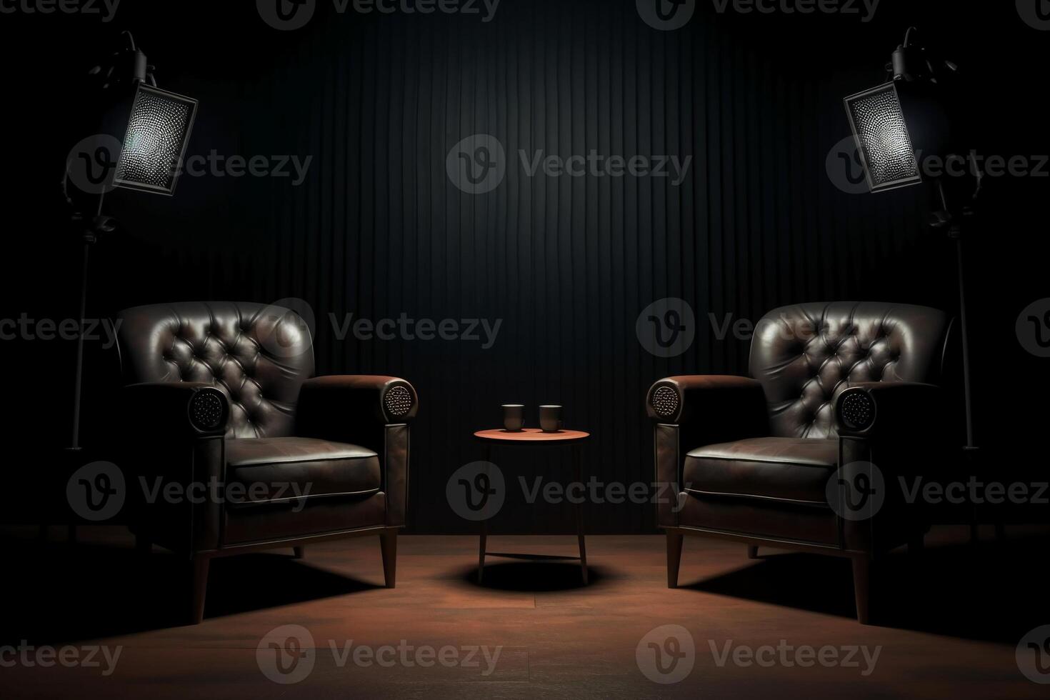 Two chairs and spotlights in podcast or interview room on dark background. photo