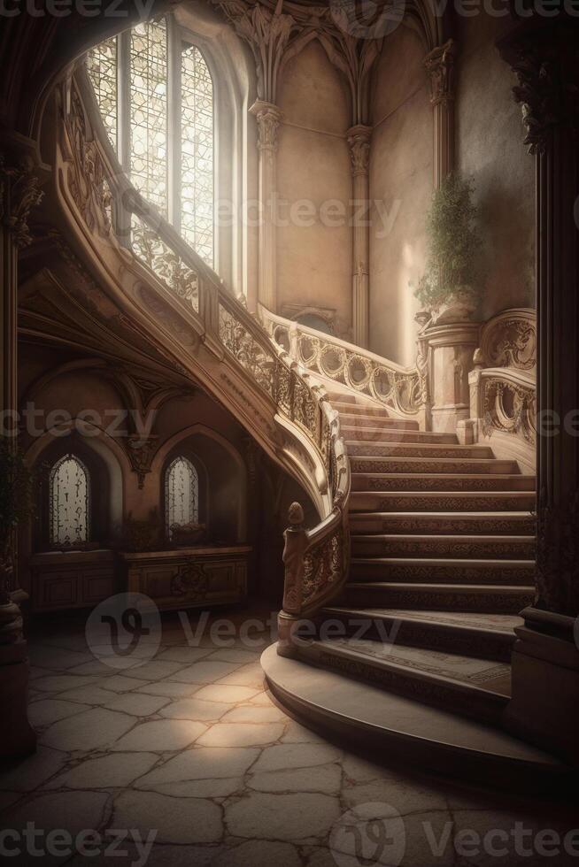 Castle staircase backdrop, luxury, interior design. photo