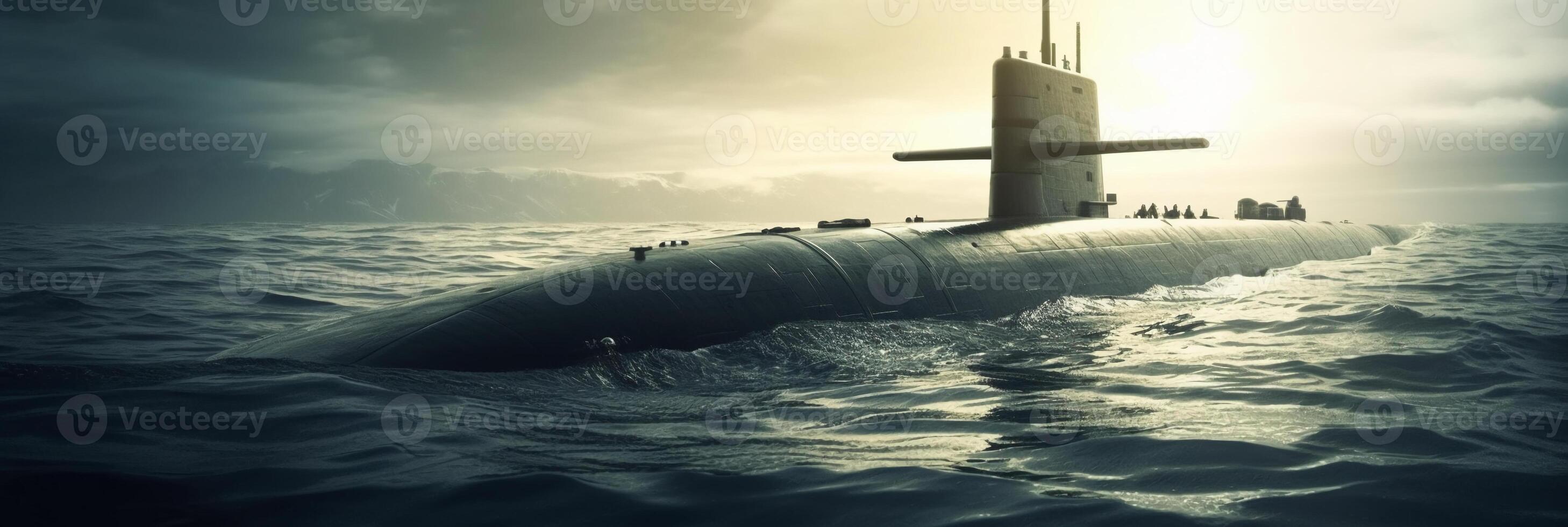 Generic military nuclear submarine floating in the middle of the ocean. photo