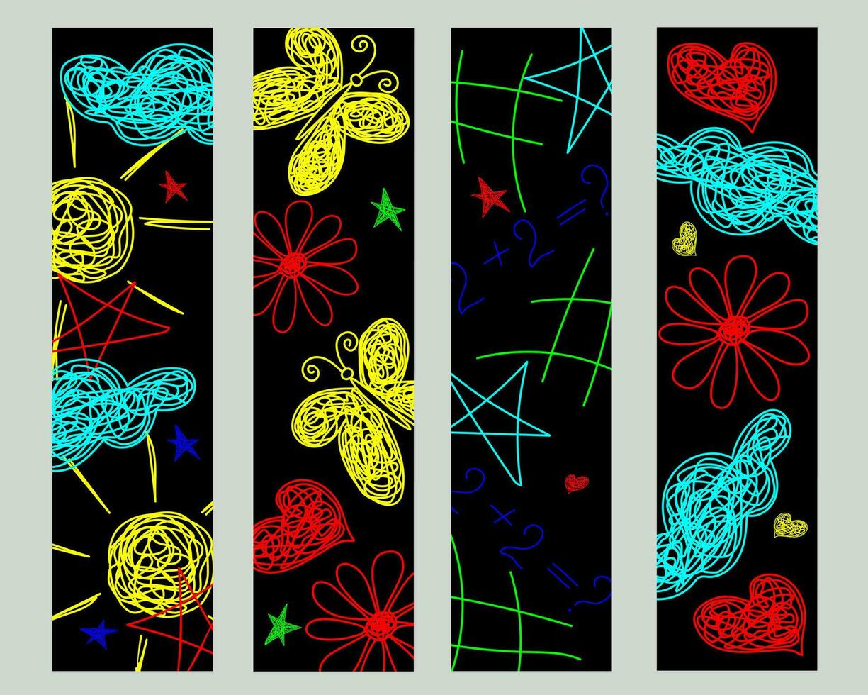 Set bookmarks with hand drawn flowers, stars, hearts, sun, clouds, on black background in childrens slyle. vector