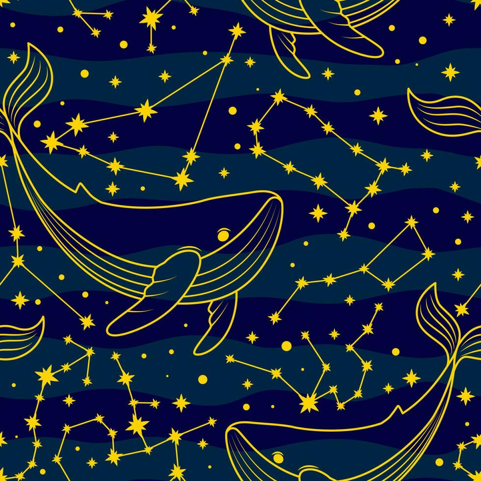 Vector pattern with whales and constellations.