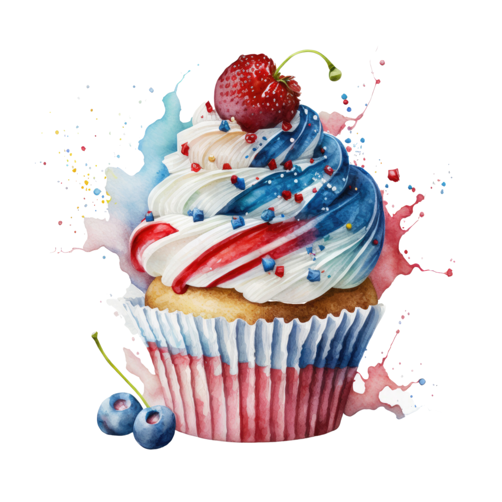 4e van juli cupcakes reeks snoepgoed voedsel. Verenigde Staten van Amerika gelukkig onafhankelijkheid dag suikerglazuur muffin met rood en blauw sterren, vlag, cilinder hoed ai generatief png