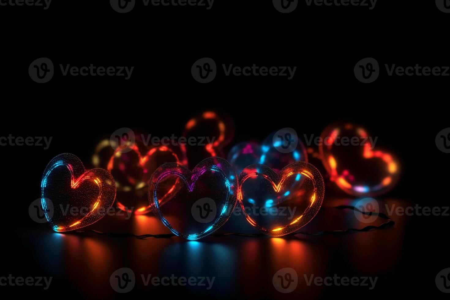 Valentine day background. Love light. Romantic ornament. Yellow round led string neon red blue color blur heart glow festive pattern on defocused dark. photo