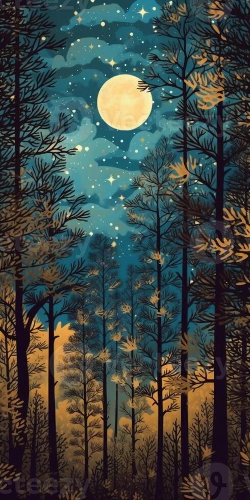 Night forest pattern, minimal, graphic poster design. photo