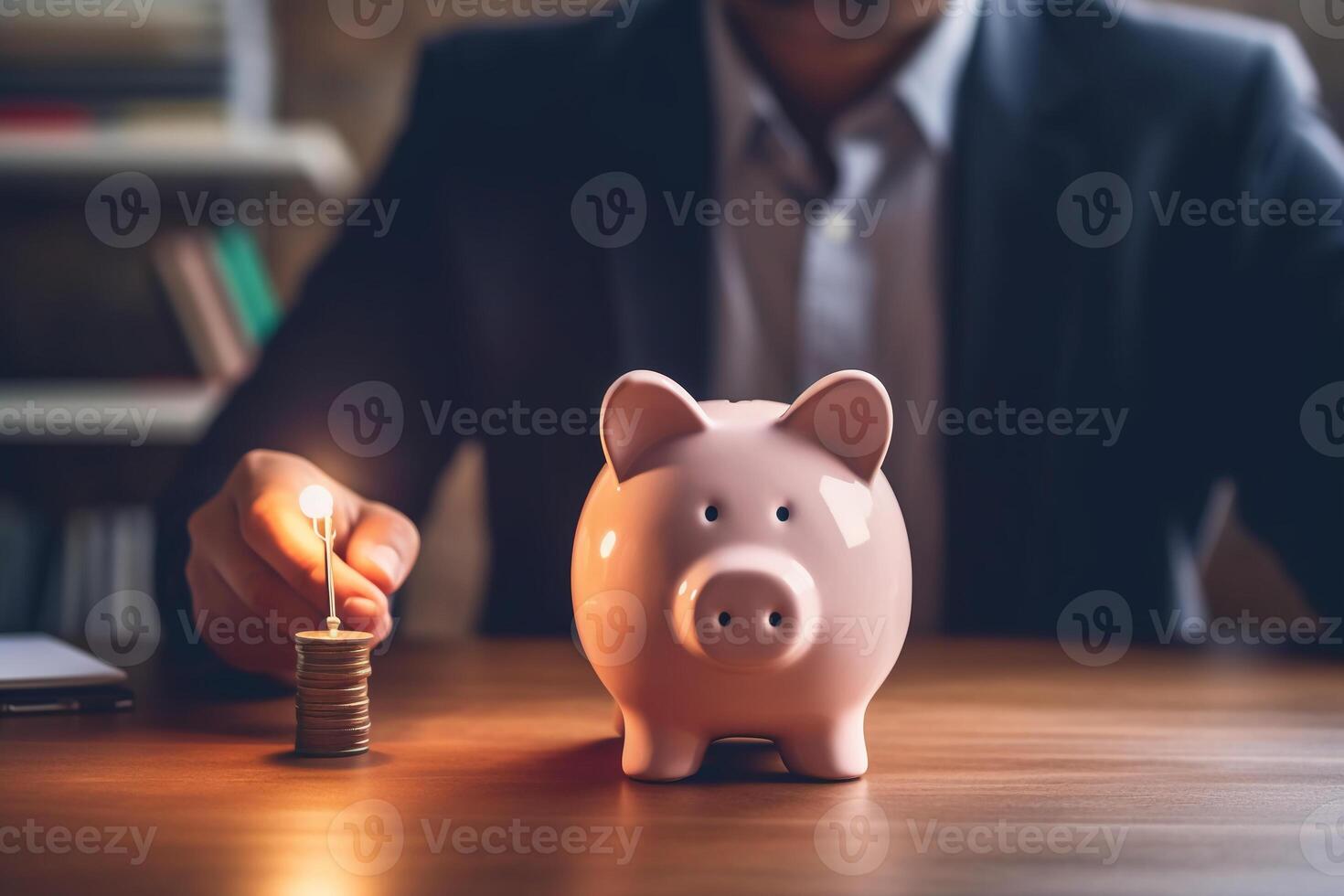 idea for save or investment. businessman holding lightbulb beside piggy bank and coins stacking on desk with note book. photo