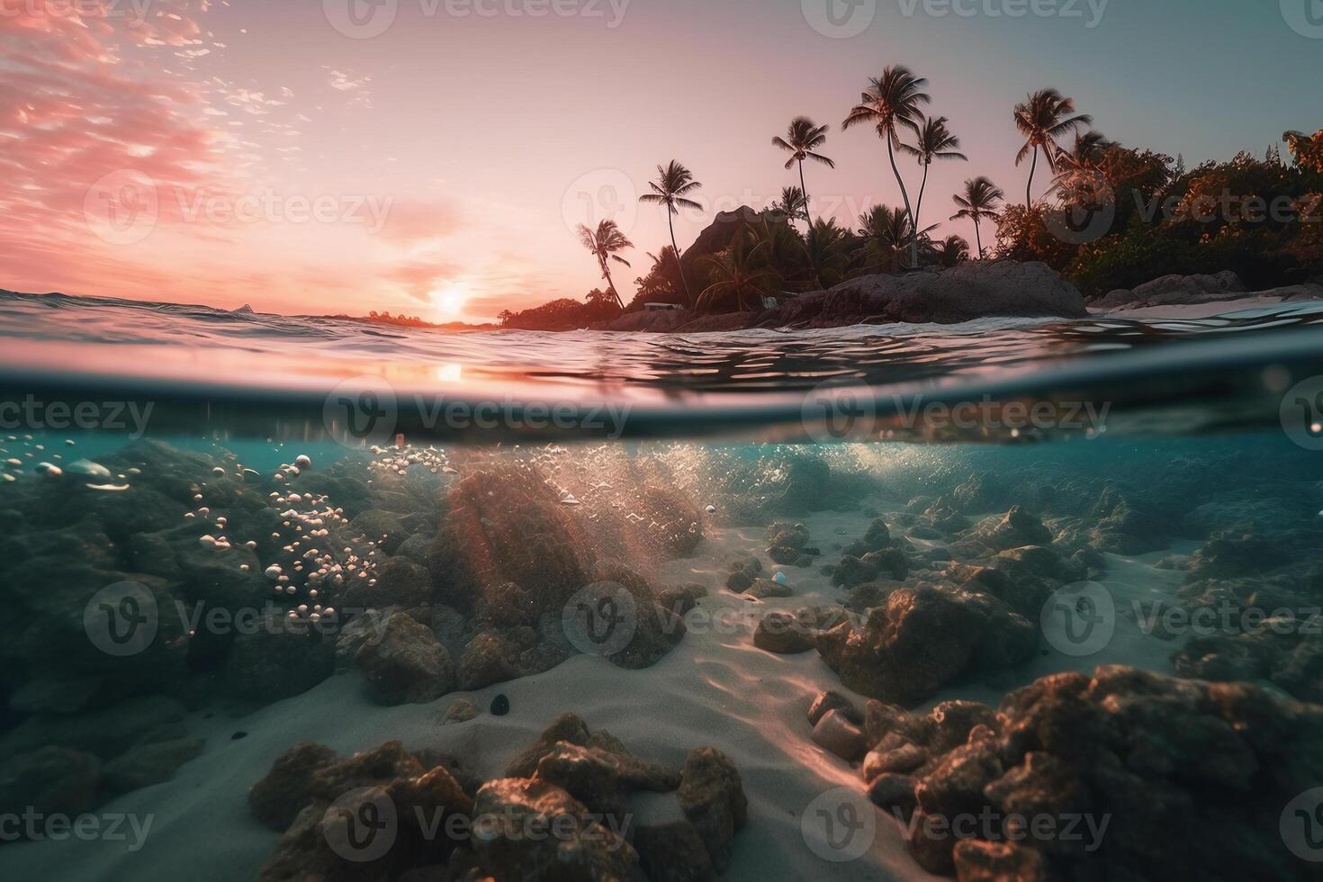 Photograph of beautiful inviting beach scene with pink sunset sky. photo