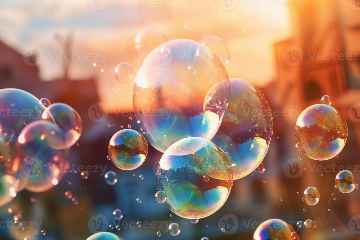 Soap bubbles against a blurred light background. photo