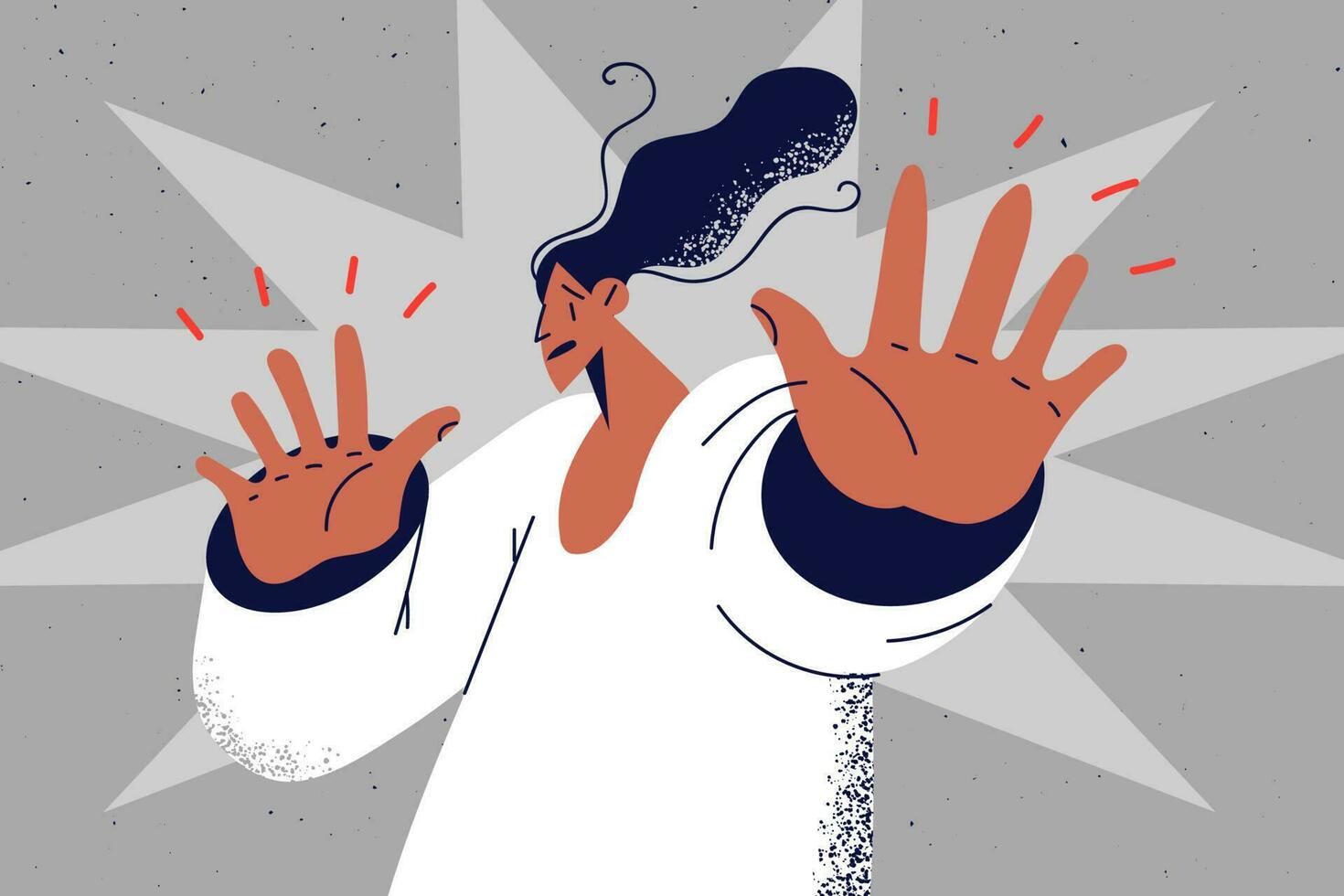 Scared young woman show no hand gesture. Terrified female feel frightened and stressed ask to stop. Emotion and fear concept. Vector illustration.