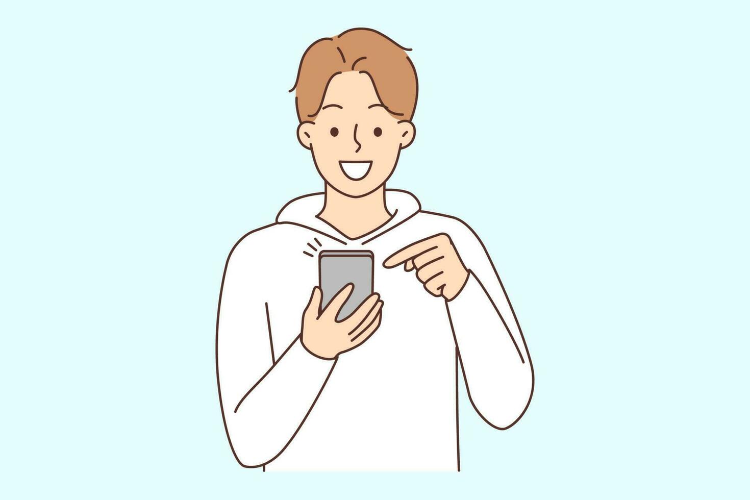 Smiling young man using modern cellphone browsing internet on gadget. Happy guy with smartphone text online. Device and technology. Vector illustration.