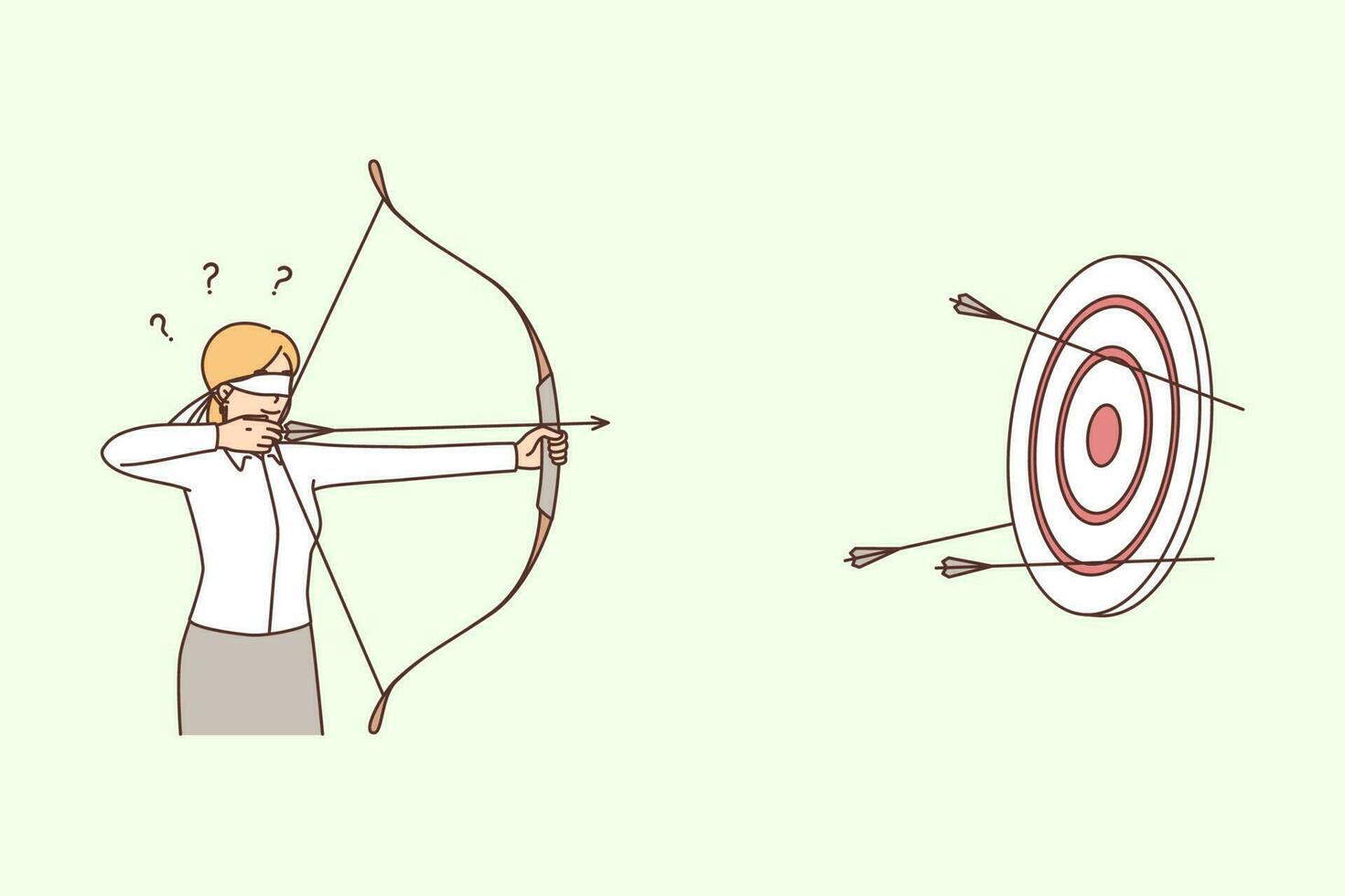 Businesswoman shooting arrows on target. Blindsided female employee aim at business goal. Achievement. Vector illustration.