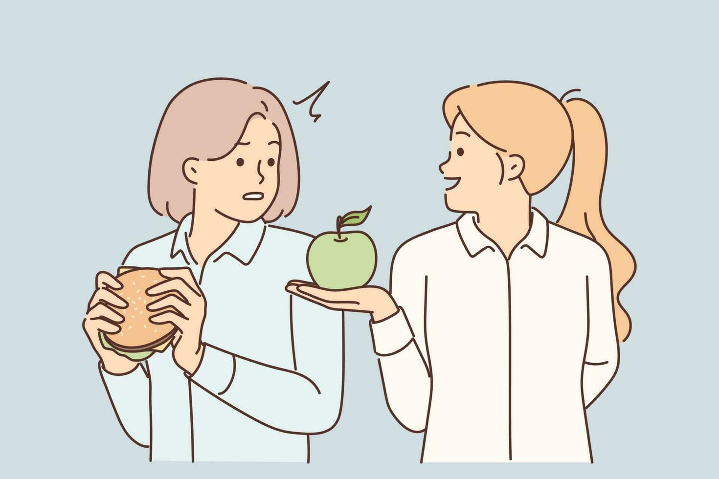 mujer nutricionista ofertas manzana a niña quien come rápido comida con alto contenido de colesterol y gordo. nutricionista explica a paciente acerca de beneficios de frutas y sincronización de hamburguesas y emparedados vector