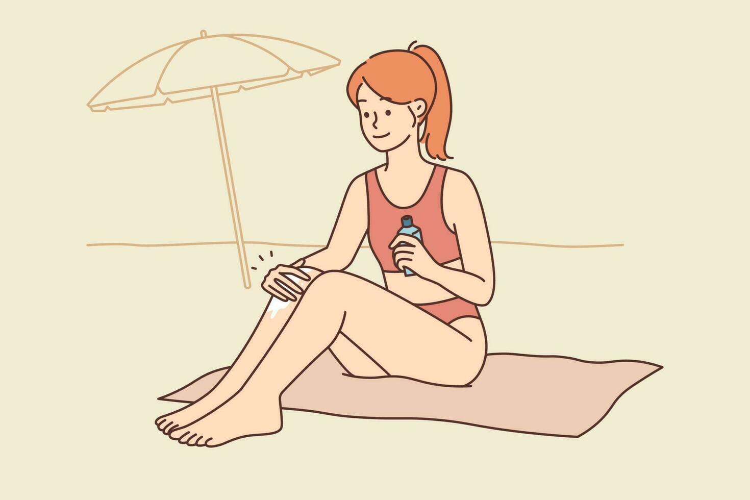 sonriente joven mujer sentar en playa aplicar protector solar en piernas disfrutar verano vacaciones. contento niña poner Dom proteccion crema broncearse en costa. vector ilustración.