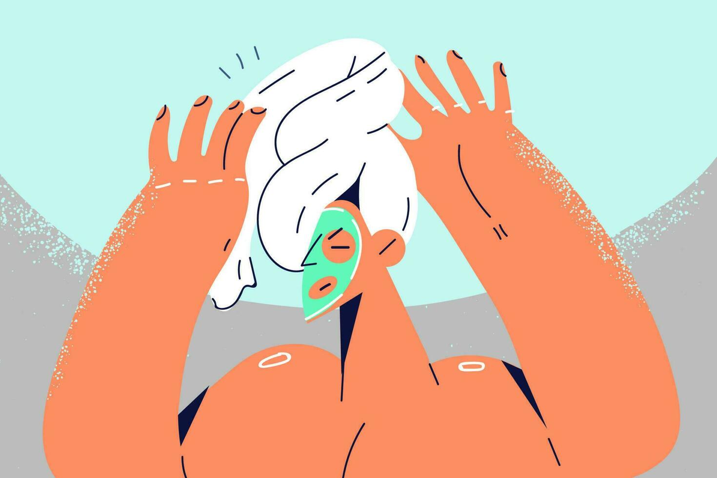 contento joven desnudo mujer en toalla en cabeza tomando ducha a hogar. sonriente niña teniendo spa procedimientos en baño en fin de semana. vector ilustración.