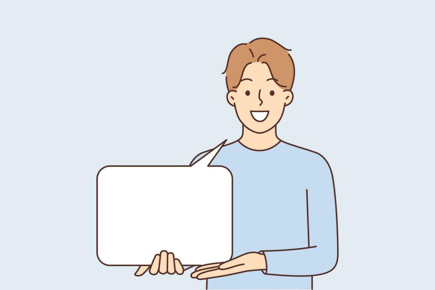 Man holds speech bubble and shows hand on copy space for informative inscription with important message or notification. Guy demonstrates empty speech bubble for applying advertising offer vector