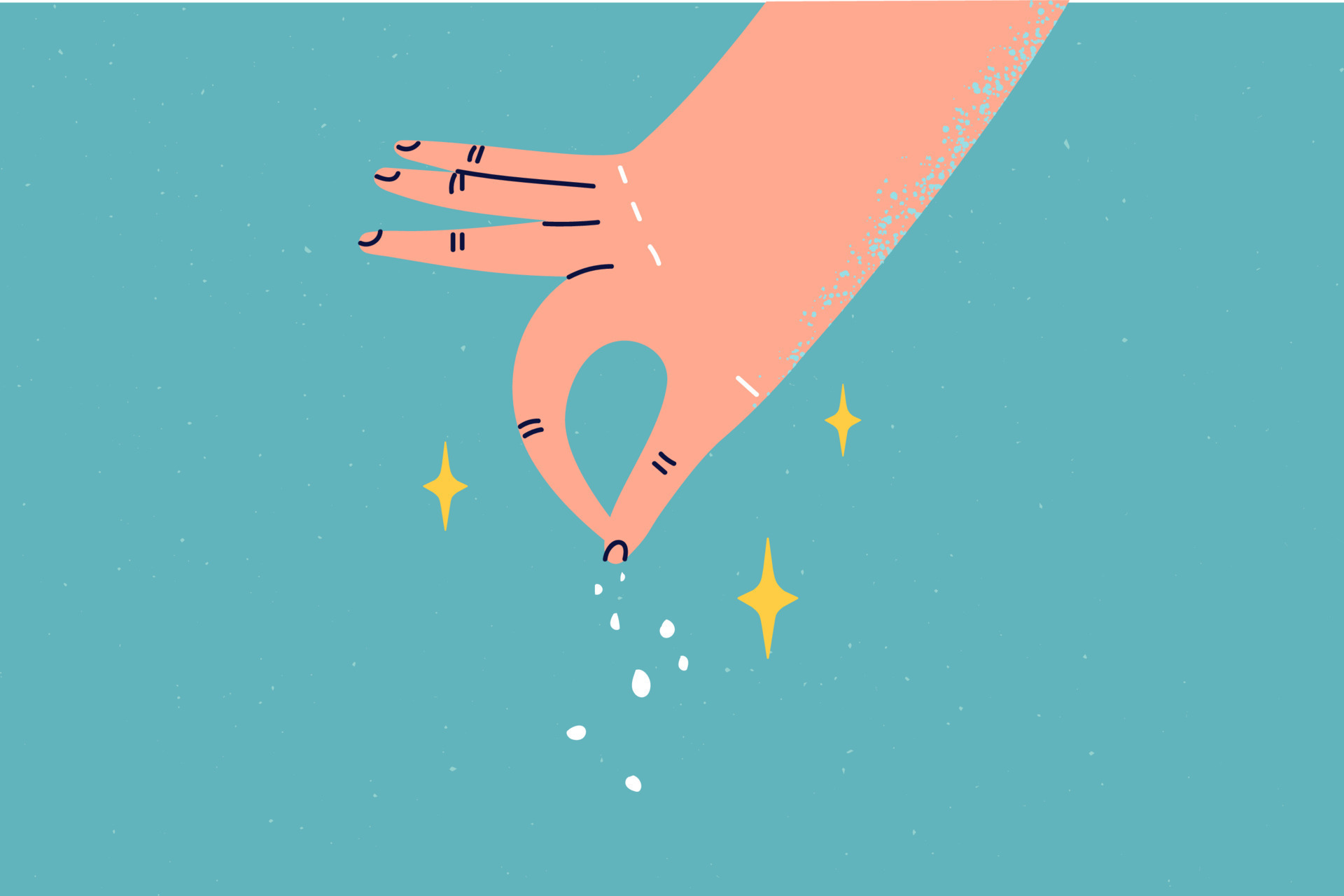 Person hand add spices to food or meal. Chef or cook adding salt for