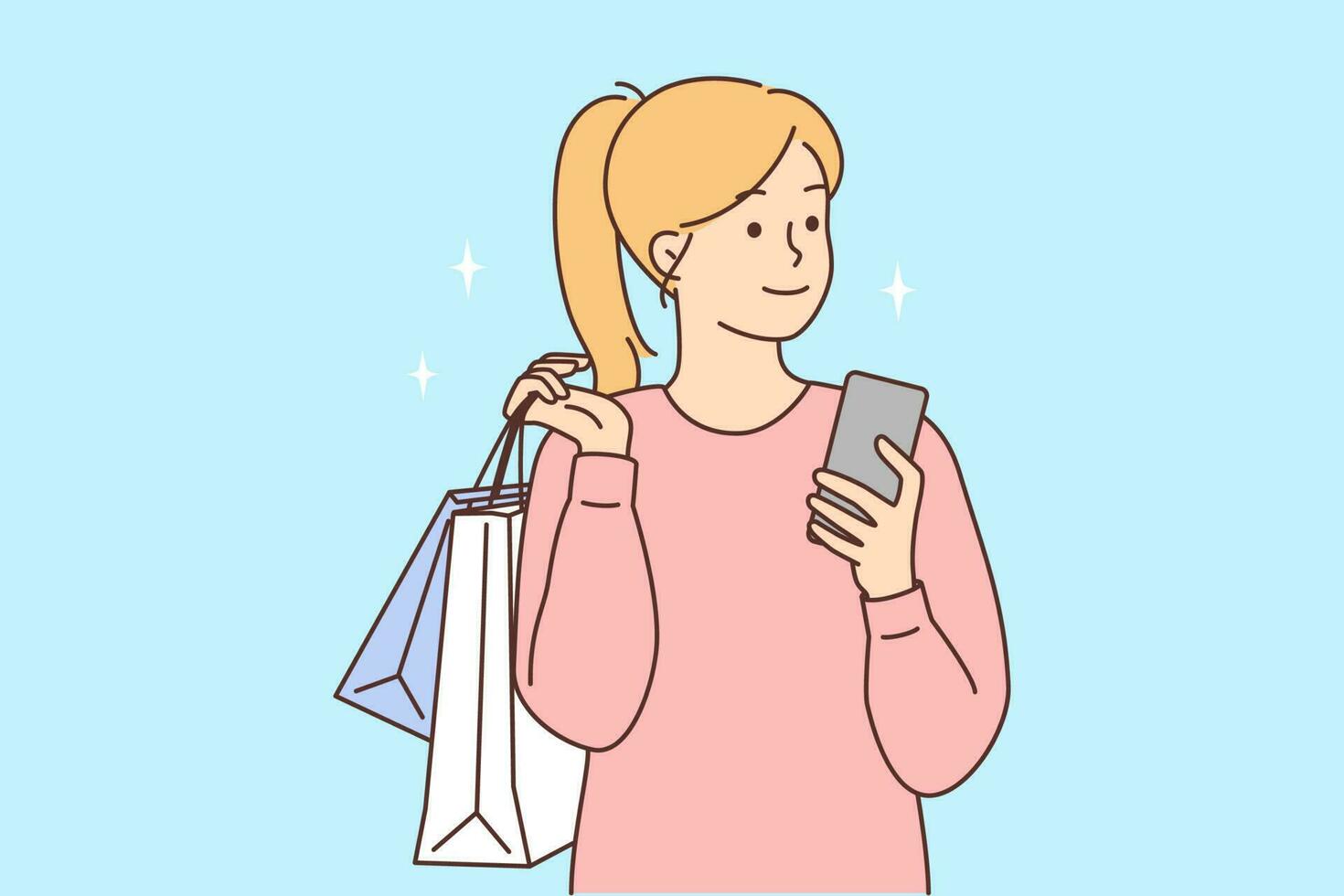 Happy young woman with cellphone and paper bags. Smiling girl shopping online on smartphone. Consumerism concept. Vector illustration.