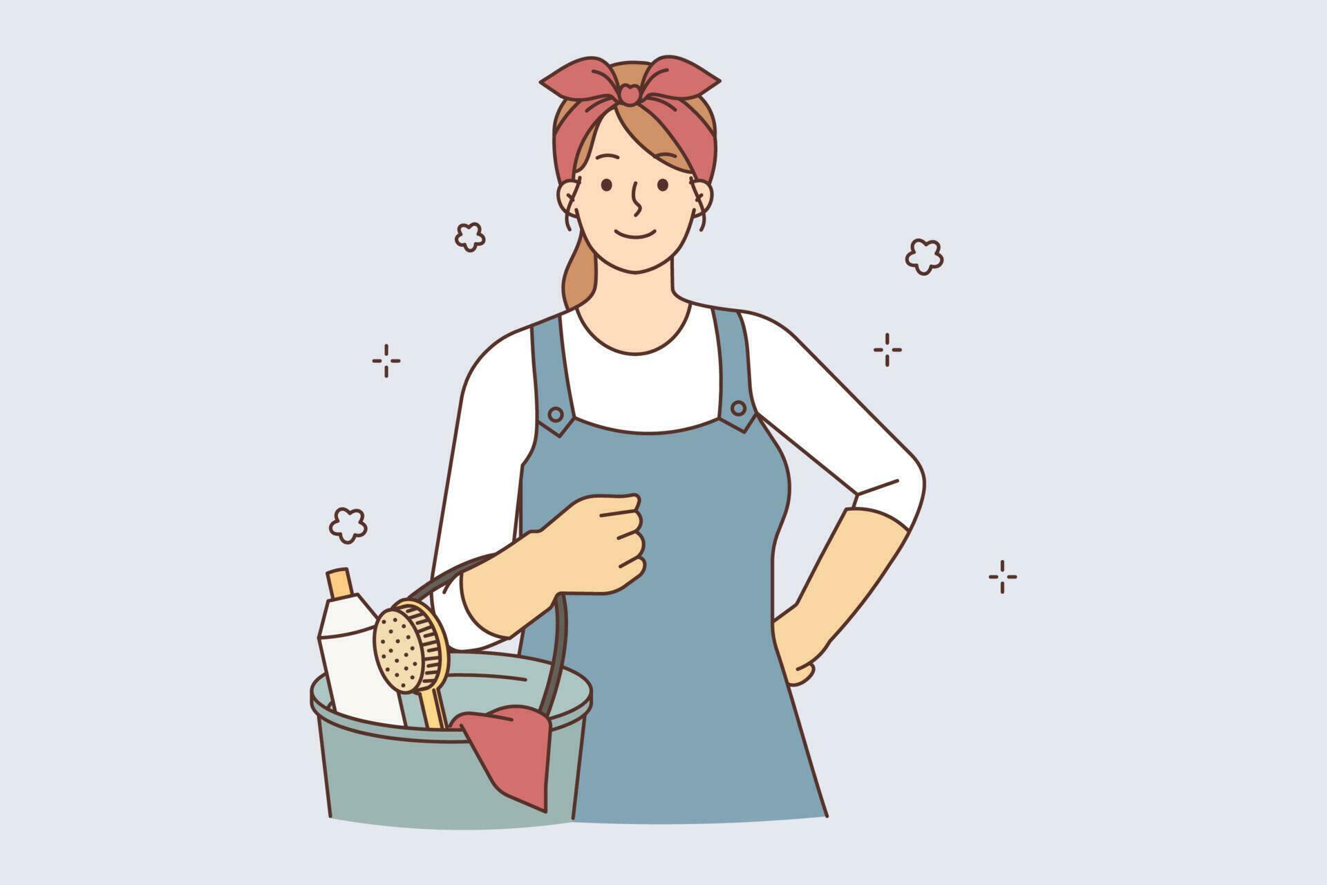 Smiling woman in uniform work in housekeeping service. Happy female