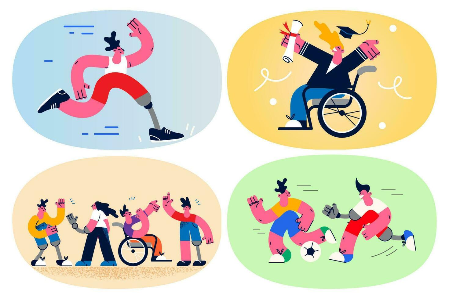 conjunto de personas con discapacidades lograr deporte o educación meta. colección de hombres y mujer con físico invalidez En Vivo normal lleno vida. igualdad y diversidad. plano vector ilustración.