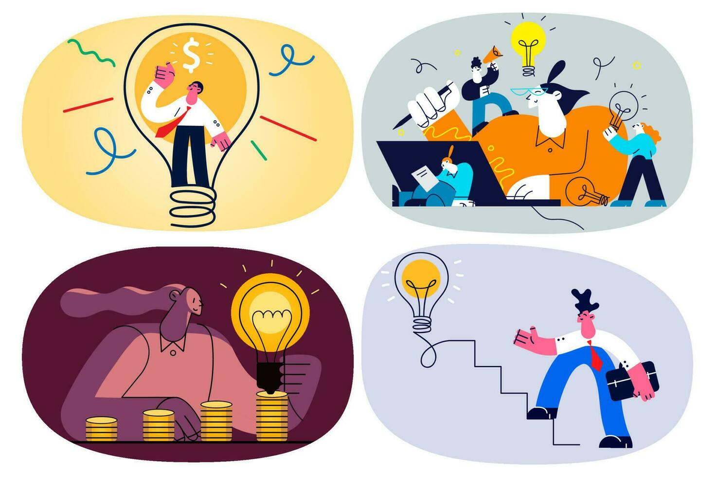 Businessperson involved in creative thinking develop successful startup project . Businesspeople generate business ideas for goal achievement. Finance and success. Flat vector illustration. Set.