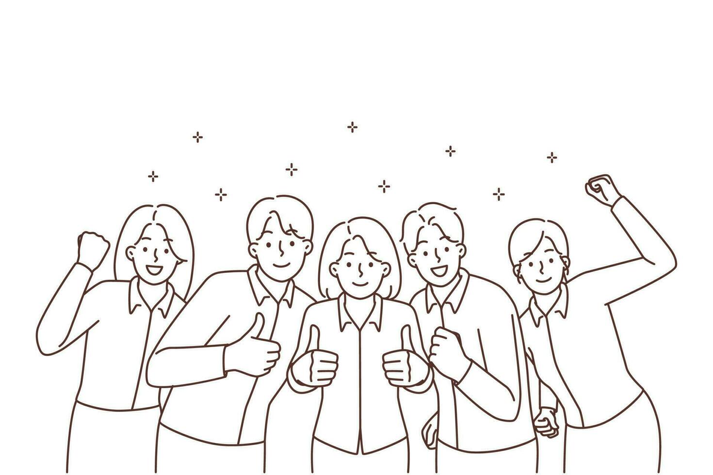 Group of smiling businesspeople showing thumbs up celebrating shared business success. Happy work team cheering enjoy good job results. Vector illustration. Teamwork.