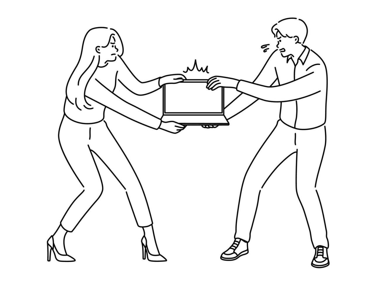 Angry businesspeople fighting for laptop at workplace. Stressed mad people quarrel for computer in office. Rivalry and competition. Vector illustration.