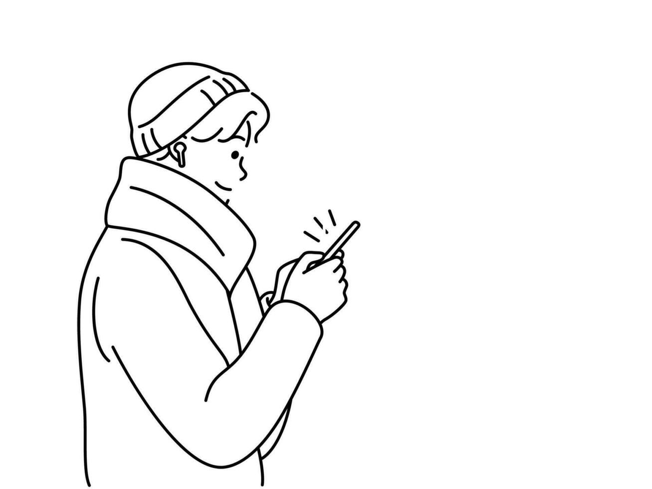Young man in headphones use cellphone waiting for metro. Guy with smartphone in subway. Public transportation. Vector illustration.