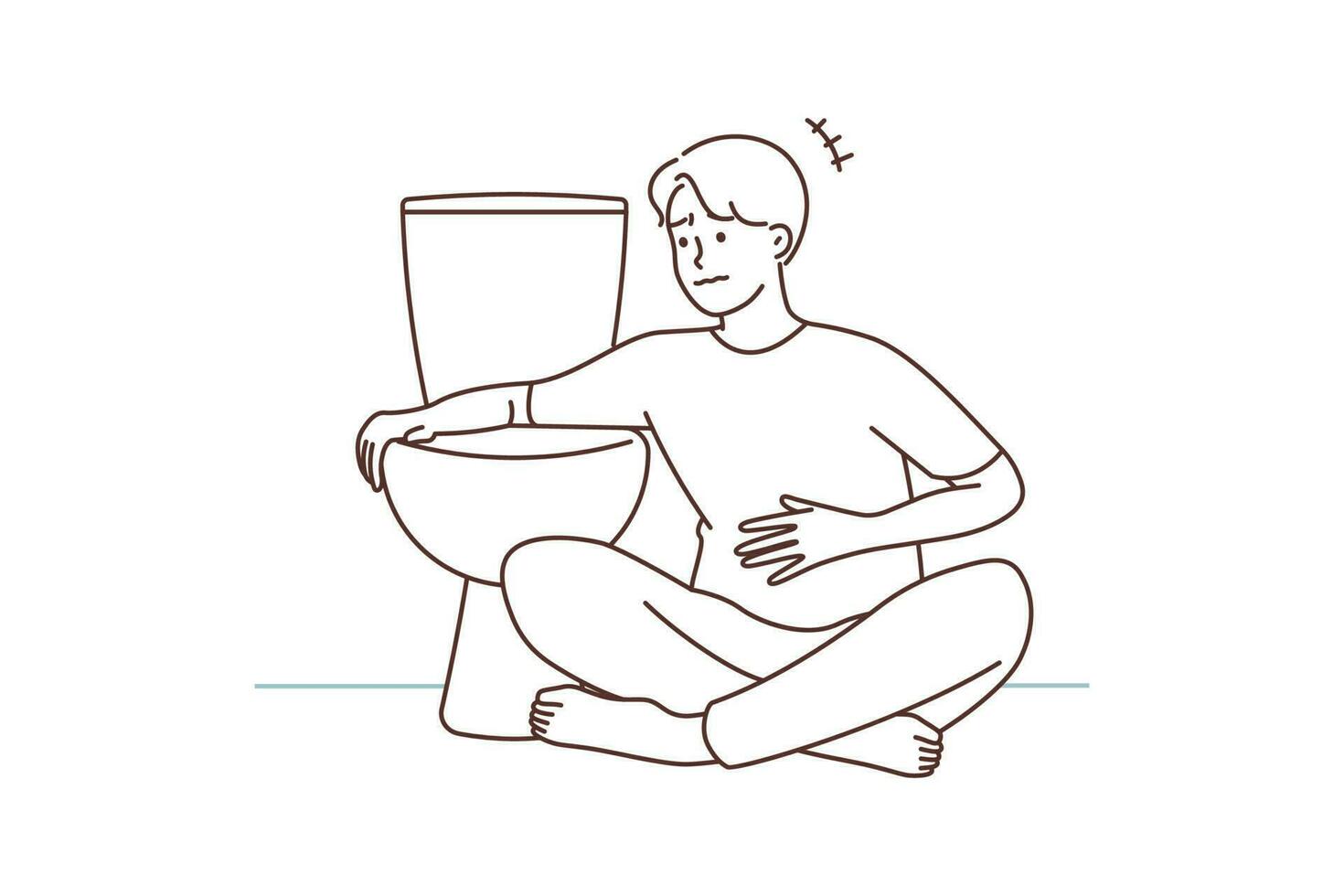 Unhealthy man sit near toilet feeling sick. Unwell ill guy feel nausea want to vomit in WC. Healthcare concept. Vector illustration.