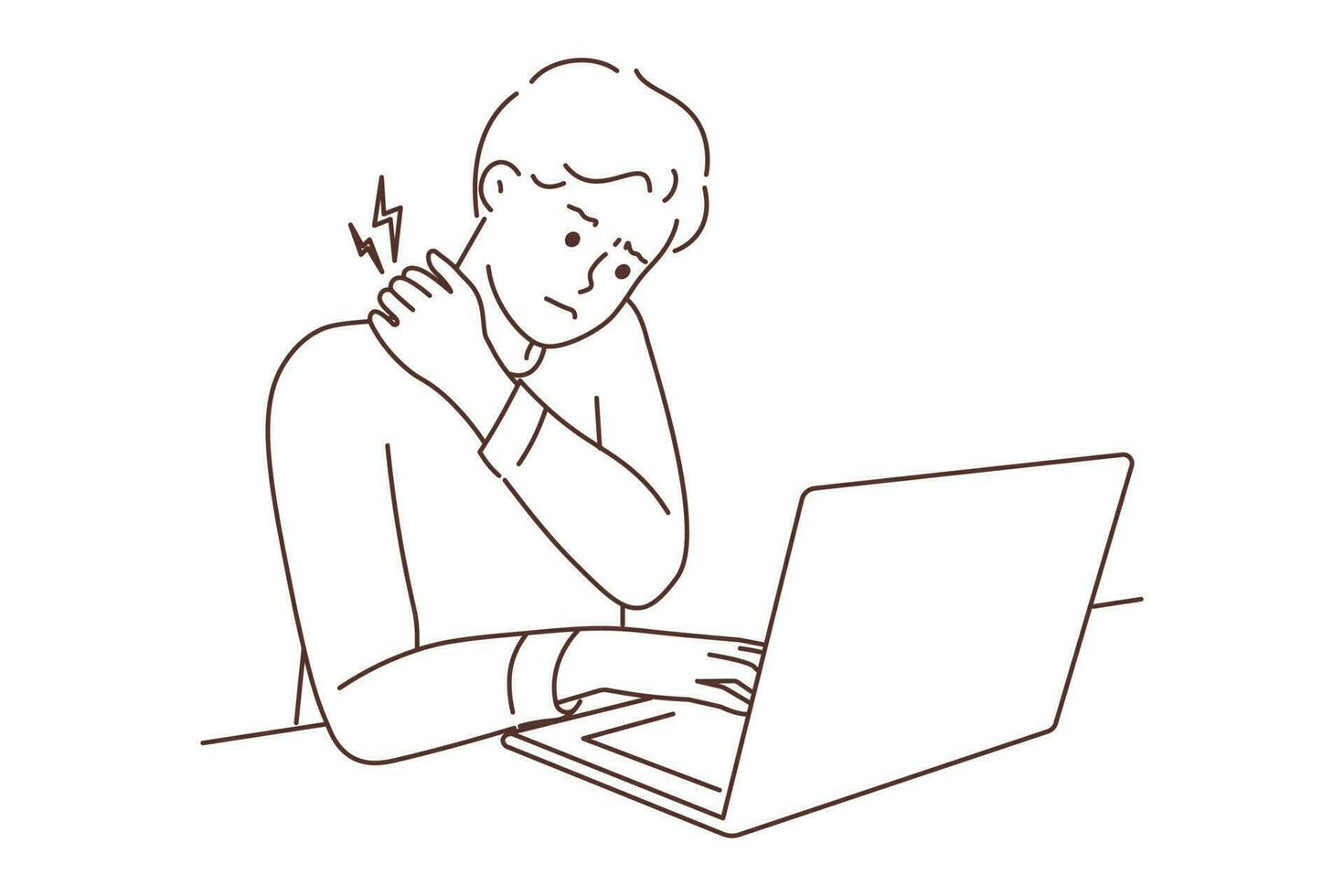 cansado joven hombre sentar en escritorio trabajando en computadora sufrimiento desde dolor de espalda. agotado chico utilizar ordenador portátil dificil con dolor en sedentario posición. vector ilustración.