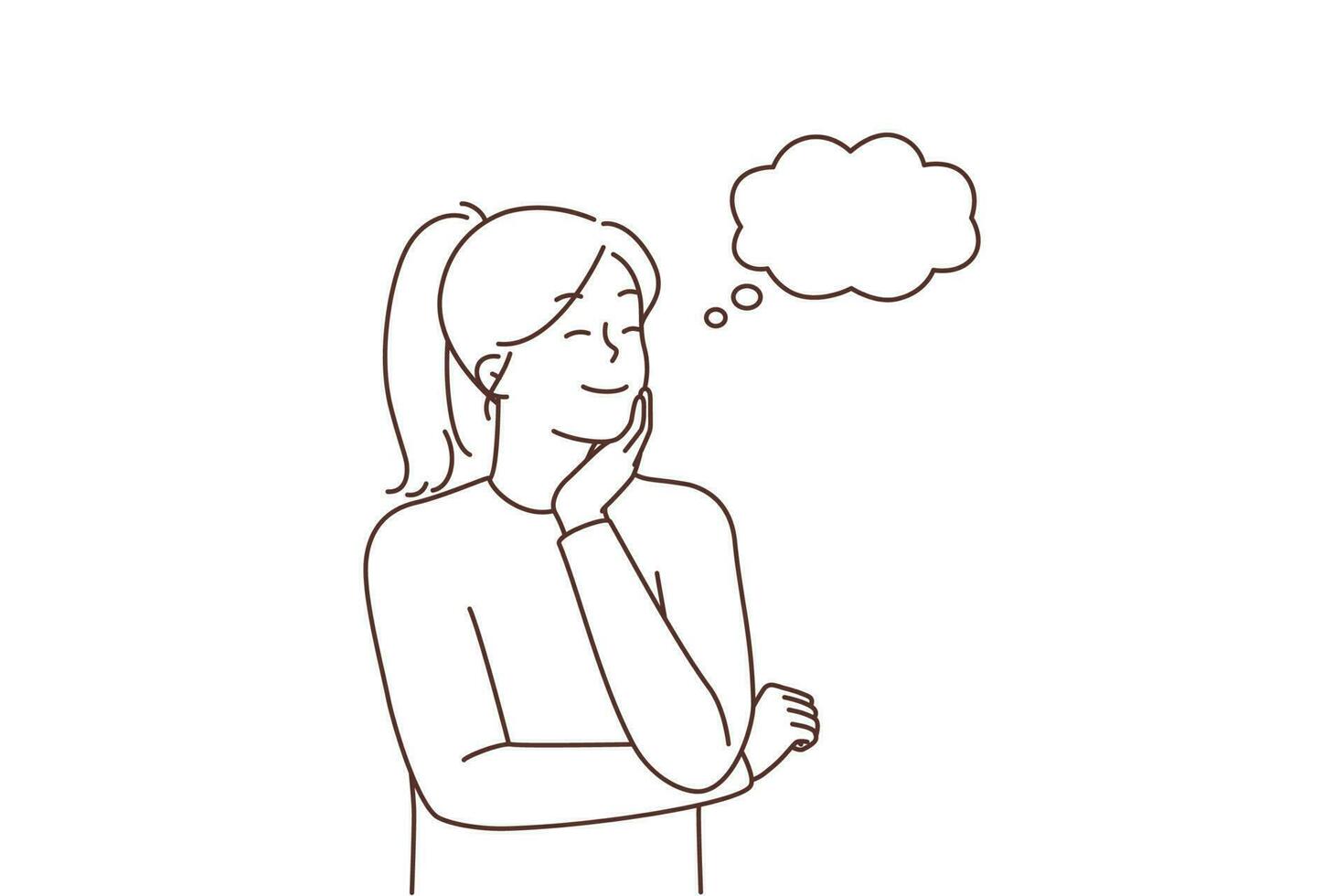 Smiling young woman with speech bubble above head thinking or making plans. Happy girl dream or visualize. Daydreaming and visualization. Vector illustration.