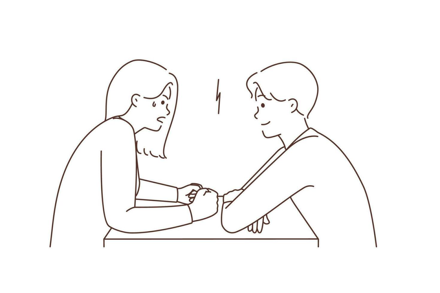 Man and woman sitting at table arguing. Mad furious female feel stressed fight with smiling male. Moods and view on life. Vector illustration.