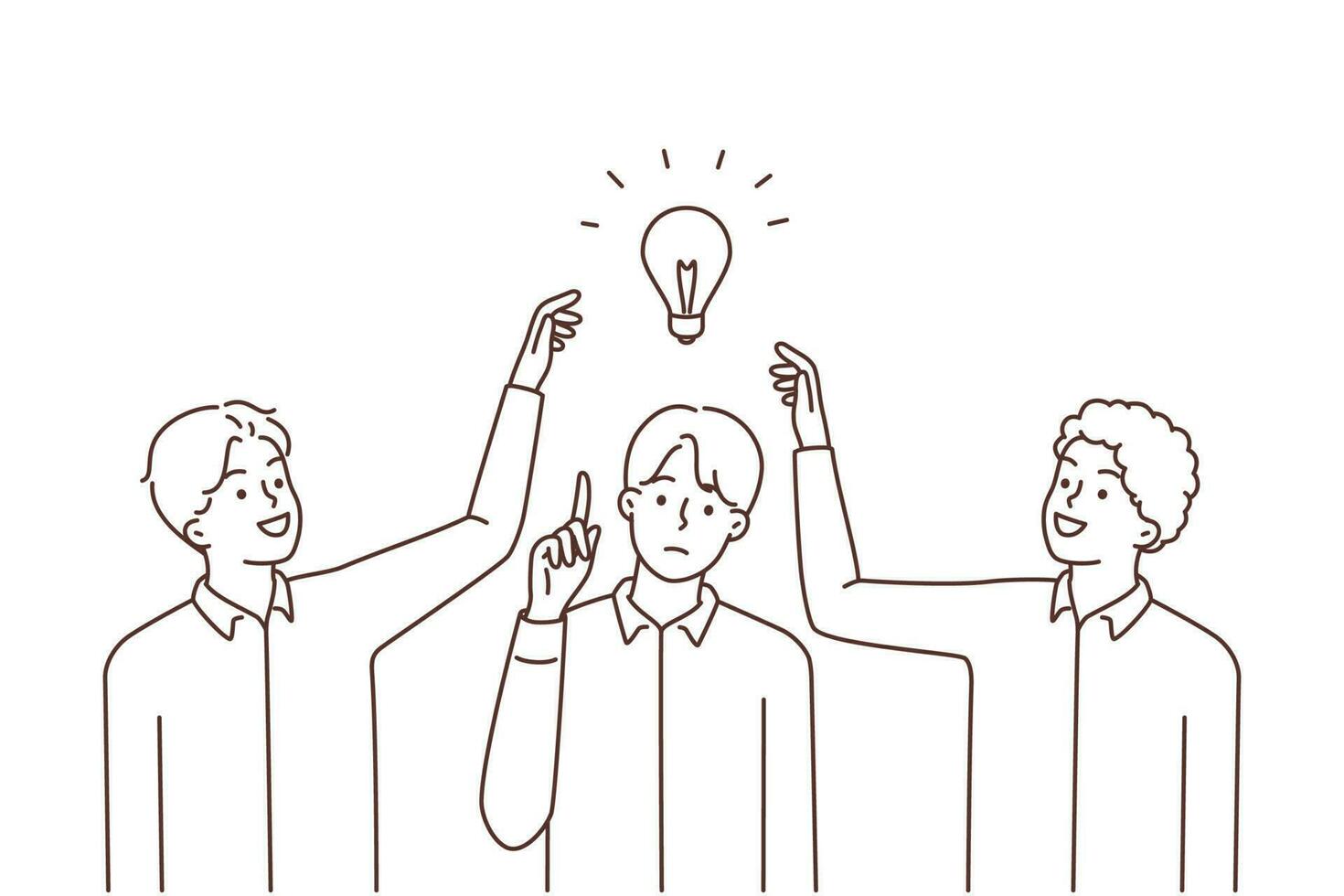 Pensive young man with light bulb above head generate idea, colleagues try to steal. Employees touch light bulb above coworker head. Rivalry and competition. Vector illustration.