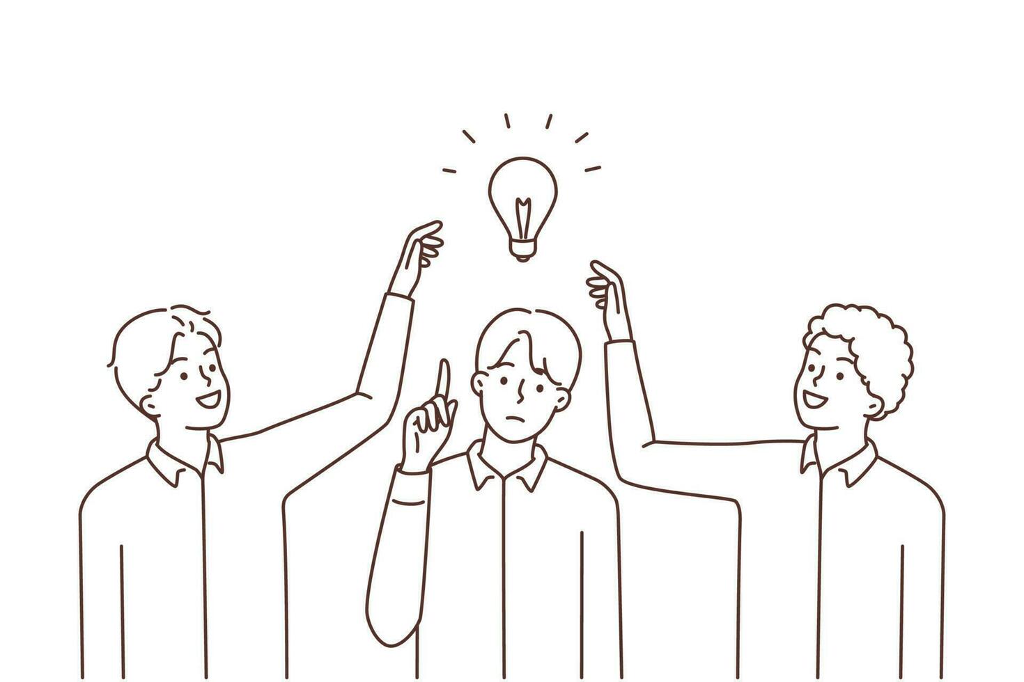 Pensive young man with light bulb above head generate idea, colleagues try to steal. Employees touch light bulb above coworker head. Rivalry and competition. Vector illustration.