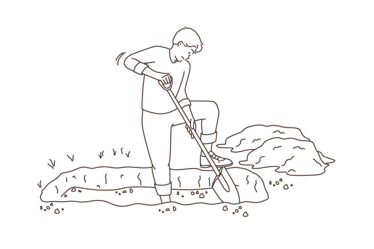 Young man digging grave. Unhappy male work on cemetery ground. Death and funeral. Vector illustration.